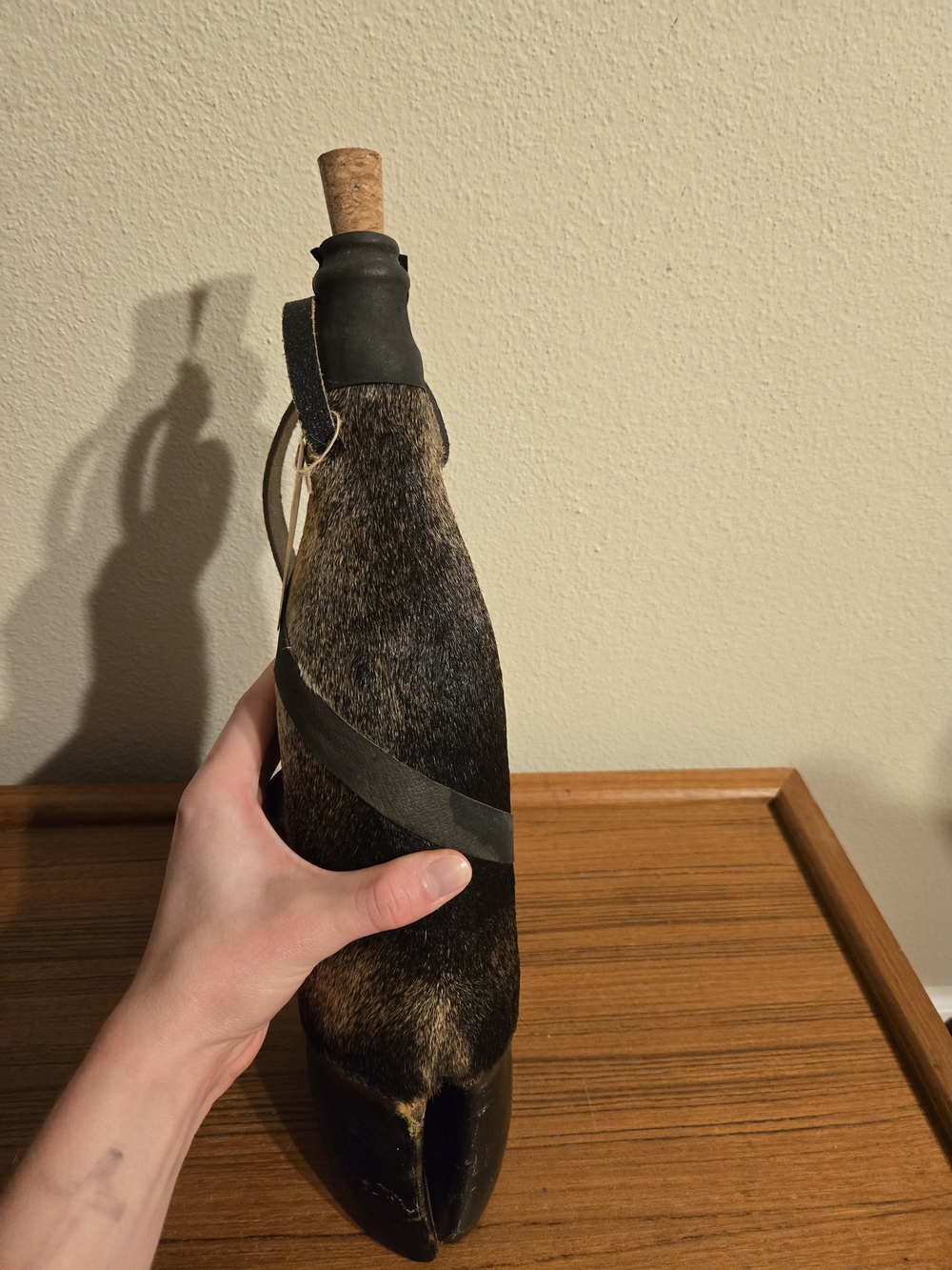 Animal Hide Covered Flask Bottle w/ Cork Stopper & Shoulder Strap, Brown